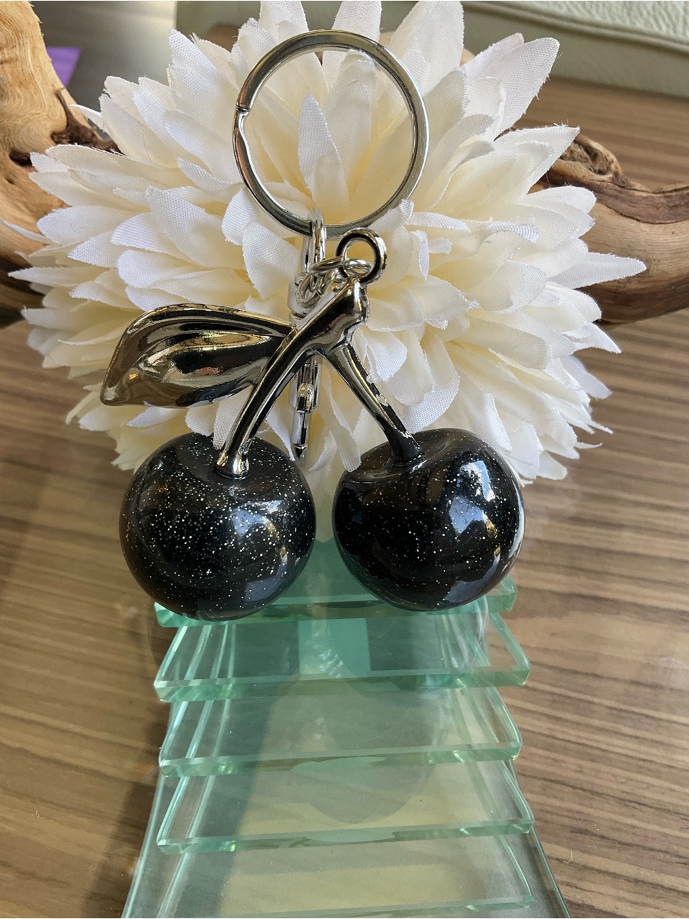 Black Glitter Cherry Keychain